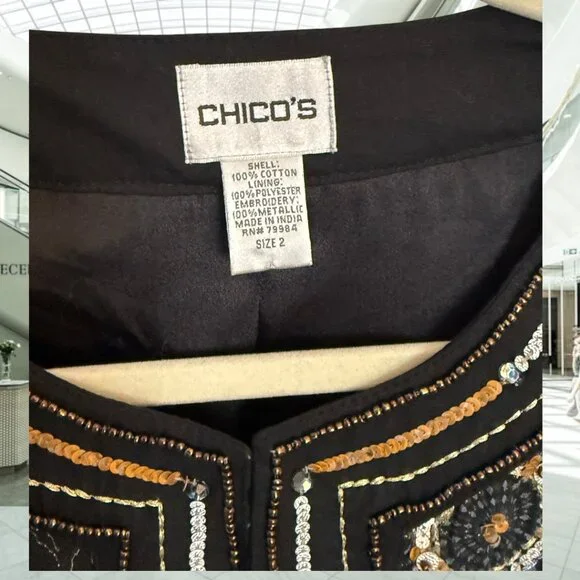 Chicos All Over Embroidery Beaded 100% Cotton Fully Lined Blazer Jacket - Picture 8 of 10